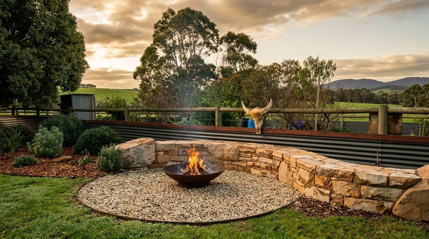 Sandstone seat wall curving around a gravel fire pit at sunset